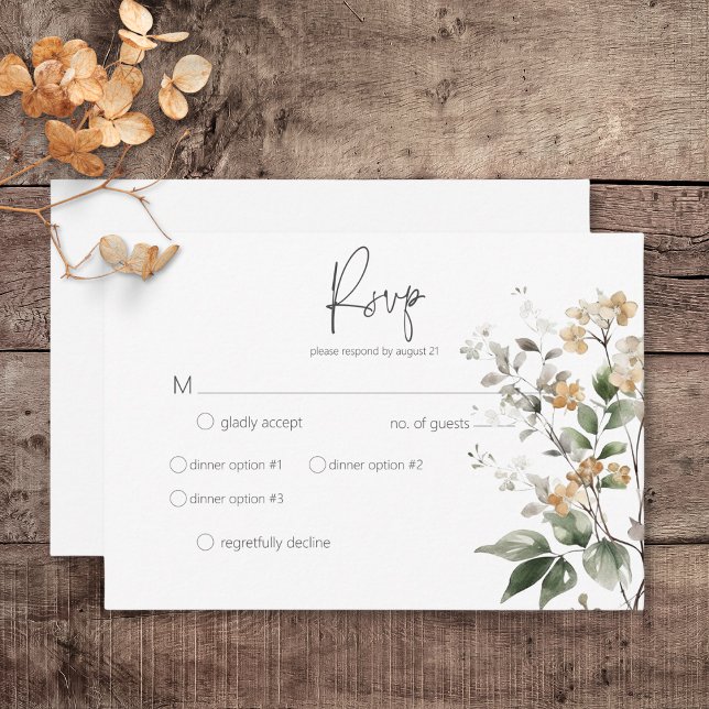 Rustic Delicate Tan Fall Wildblommor Midinner OSA Kort (Rustic Delicate Tan Fall Wildflowers Wedding Response Card with Dinner Options)