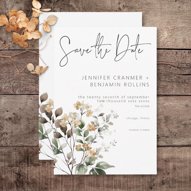 Rustic delikat Tan Fall Wildblomma Bröllop Spara Datumet (Rustic Delicate Tan Fall Wildflowers Wedding Save the Date Card)