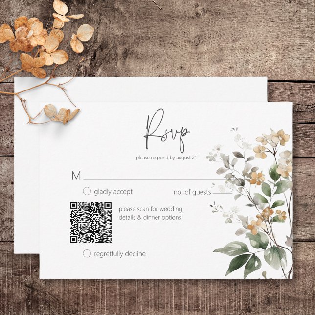 Rustic delikat Tan Fall Wildblomma QR-kod OSA Kort (Rustic Delicate Tan Fall Wildflowers Wedding Response Card with QR Code)