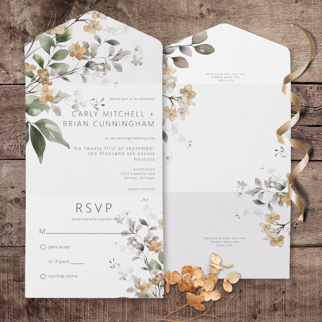 Rustic delikat Tan Fall Wildblommor, ingen middag (Rustic Delicate Tan Fall Wildflowers All In One Wedding Invitation without Dinner Options)