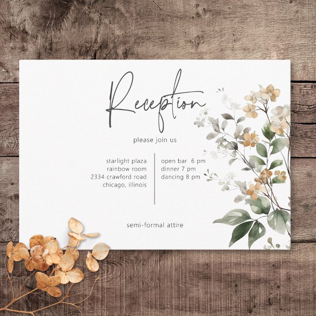 Rustic Delikat Tan Fall Wildblommor Reception Tilläggskort (Rustic Delicate Tan Fall Wildflowers Wedding Reception Card)
