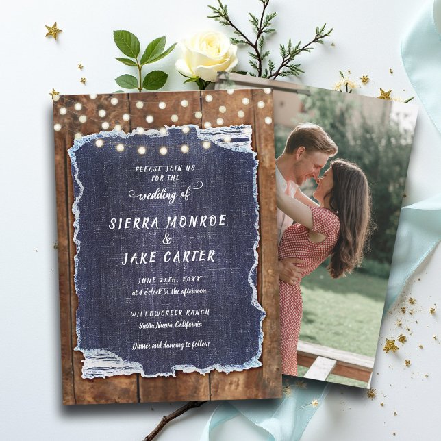 Rustic Denim Barn Ljus Land Cowboy Bröllop Inbjudningar (cowboy wedding invitation country chic denim rustic barn lights backyard outdoors elegant classy)
