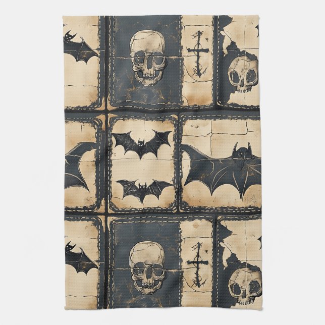Rustic Denim Halloween Patchwork Mönster Kökshandduk (Vertikal)