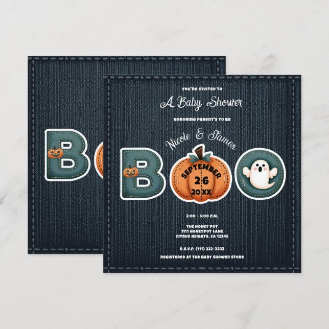 Rustic Denim Jean Pumpkin Ghost BOO Baby Shower Meny (Fram/baksida)