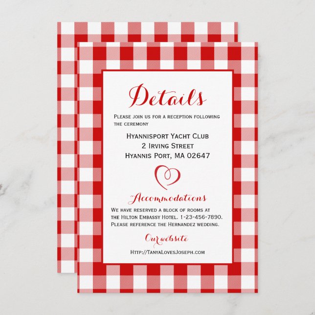 Rustic Details Directions Gingham Red White Checks Inbjudningar (Fram/baksida)