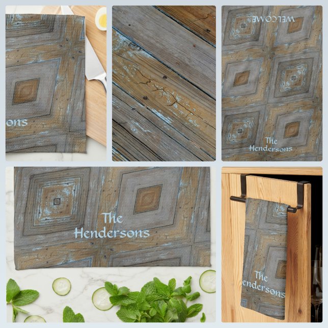 Rustic Diamond Mönster Åldras Wood Brown Blue Kökshandduk (Skapare uppladdad)