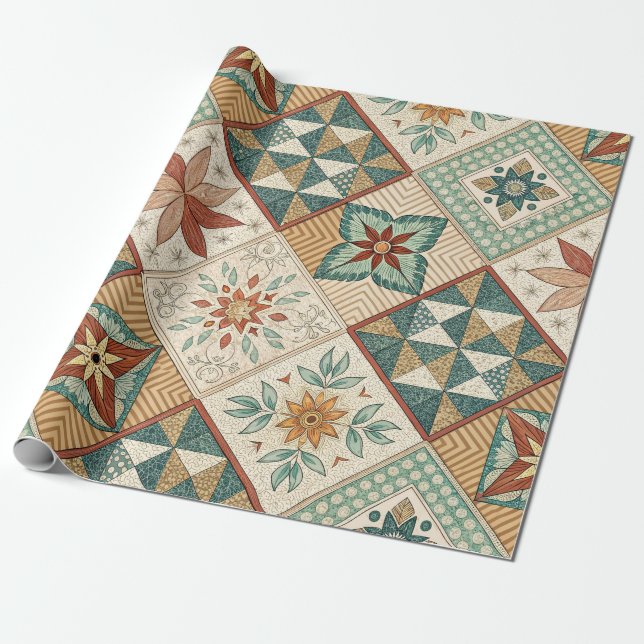 Rustic Diamond Patchwork Mönster - Geometric Presentpapper (Utrullad)