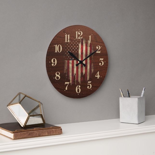 Rustic Distress American Flagga Clock Stor Klocka (Kontor)