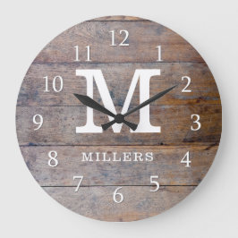 Rustic Distress Wood Family Namn Monogrammed Stor Klocka