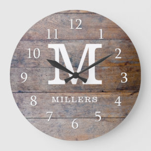 Rustic Distress Wood Family Namn Monogrammed Stor Klocka