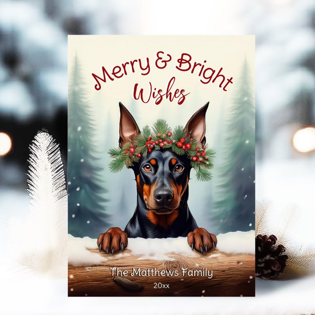Rustic Doberman Pinscher jul Pet Porträtt Julkort (Adorable Winter Snowy Scene With Peeking Dogs or Farm/Woodland Animals - Over 50 to Choose From!)