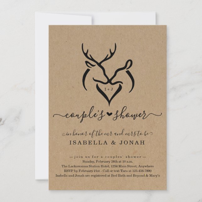 Rustic Doe & Hjort Antlers Heart Couples Shower Inbjudningar (Framsida)
