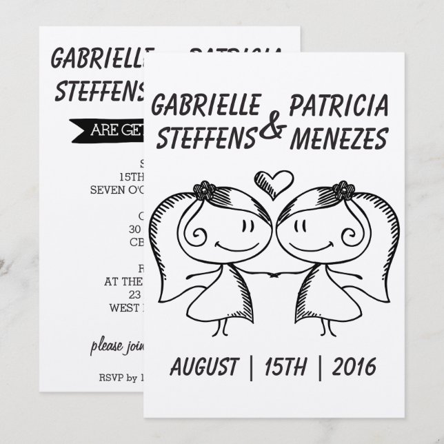Rustic Doodle Lesbisk Bröllopsinbjudan Inbjudningar (Fram/baksida)