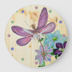 Rustic Dragonfly Lila blommor Blue Wood Shabby Stor Klocka
