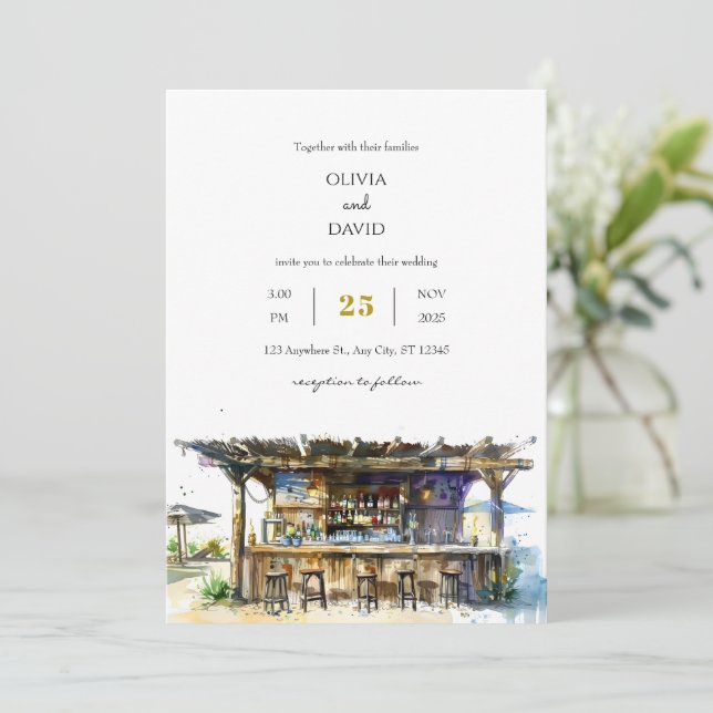 Rustic Driftwood Tropical Tiki Pub Beach Wedding Inbjudningar (Stående Fram)