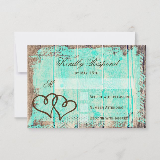 Rustic Dubbla Hearts Aqua Wood Bröllop OSA Cards Kort (Framsida)