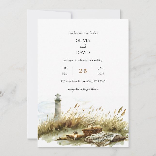 Rustic Dune Picnic och Lighthouse Beach Wedding Inbjudningar (Framsida)