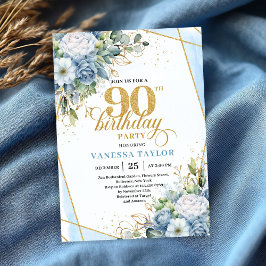 Rustic Dusty Blue 90th Birthday Floral Script Inbjudningar