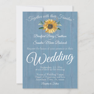 Rustic Dusty Blue Barn Wood Solros Bröllop Inbjudningar
