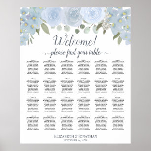 Rustic Dusty Blue-Blommigt 24 Bord-sittdiagram Poster