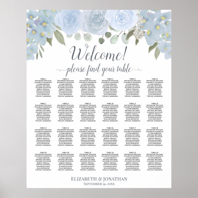 Rustic Dusty Blue-Blommigt 24 Bord-sittdiagram Poster (Framsidan)