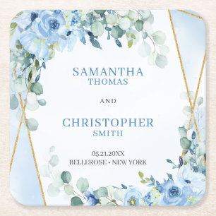 Rustic Dusty Blue Blommigt eucalyptus guld underlä Underlägg Papper Kvadrat