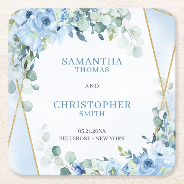 Rustic Dusty Blue Blommigt eucalyptus guld underlä Underlägg Papper Kvadrat (Framsidan)