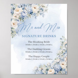 Rustic Dusty Blue Blommigt guld namnteckning dryck Poster