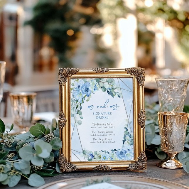 Rustic Dusty Blue Blommigt silver namnteckning dry Poster (Rustic Dusty Blue Floral silver signature drinks Poster)