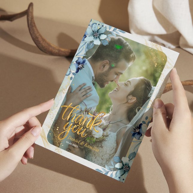 Rustic Dusty Blue Blommigt - Tack för ditt kort -  (Rustic Dusty Blue Floral Thank You Card - Photo Insert)