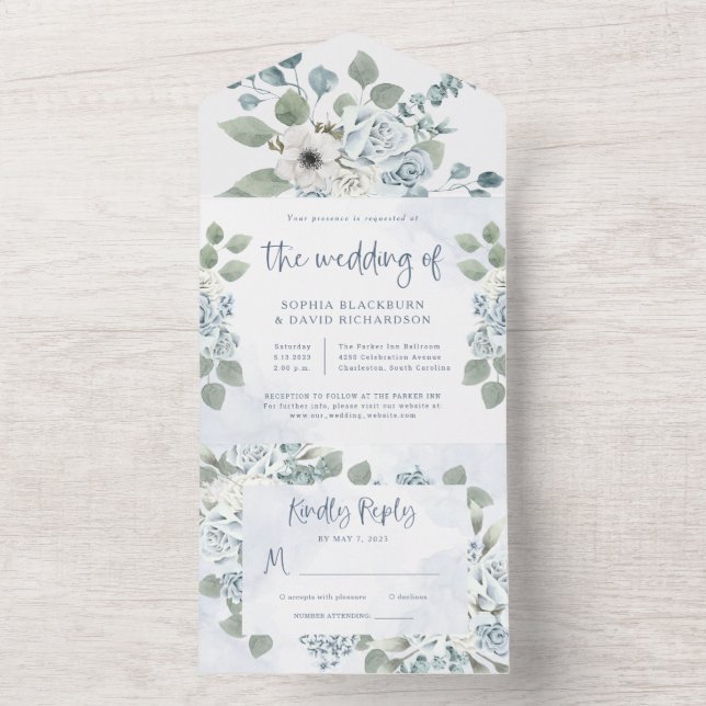 Rustic Dusty Blue-Blommigt | Vattenfärg Bröllop (Insida)