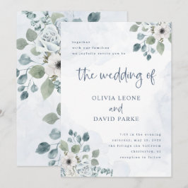 Rustic Dusty Blue-Blommigt | Vattenfärg Bröllop Inbjudningar