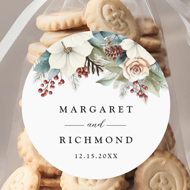 Rustic Dusty Blue Blommigt Winter Wedding Runt Klistermärke (Skapare uppladdad)