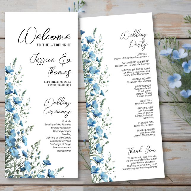 Rustic Dusty Blue Boho Chic Wildblomma Bröllop Program (Front/Back)