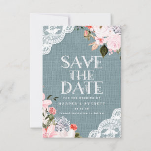 Rustic Dusty Blue Burlap Snöre och Blommigt Bröllo Spara Datumet
