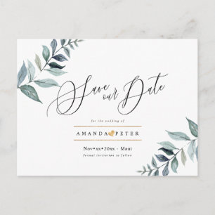 Rustic Dusty Blue Foliage Spara datumet Vykort