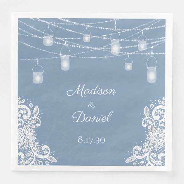 Rustic Dusty Blue Ljus Bröllop Napkins Pappersservett (Framsida)