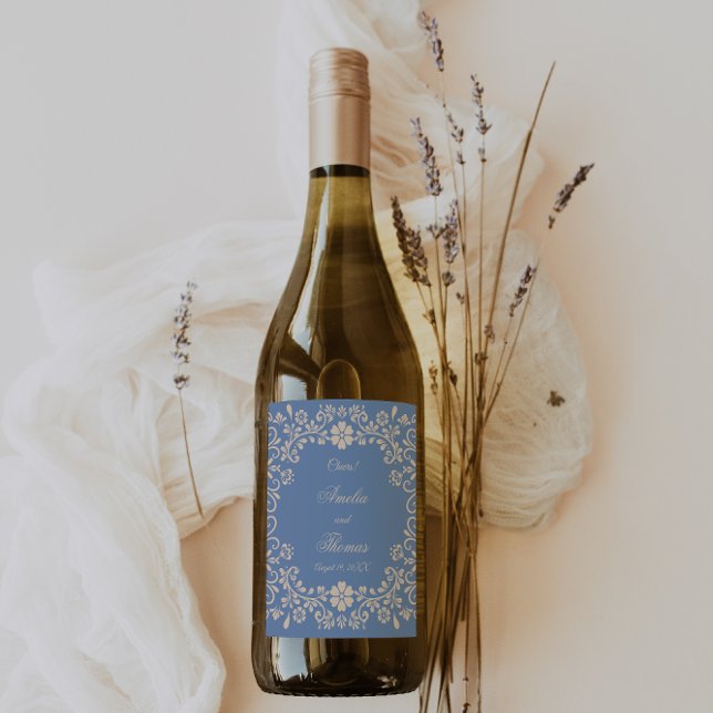 Rustic Dusty Blue Mexican Bröllop Vinflaska Etikett (Skapare uppladdad)