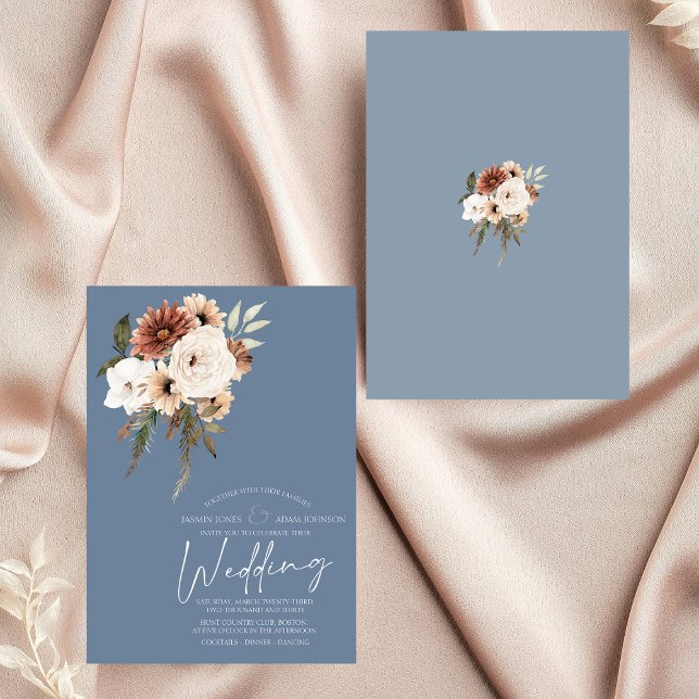 Rustic Dusty Blue Peach Blommigt Bröllop Inbjudningar (Elegant Dusty Blue Peach Floral Wedding Invitation)