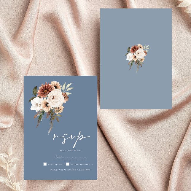 Rustic Dusty Blue Peach Blommigt Bröllop OSA Kort (Elegant Dusty Blue Peach Floral Wedding RSVP)