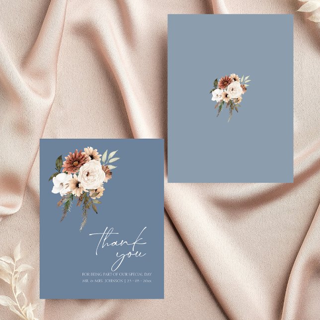 Rustic Dusty Blue Peach Blommigt Bröllop Tack (Elegant Dusty Blue Peach Floral Wedding Thank You)