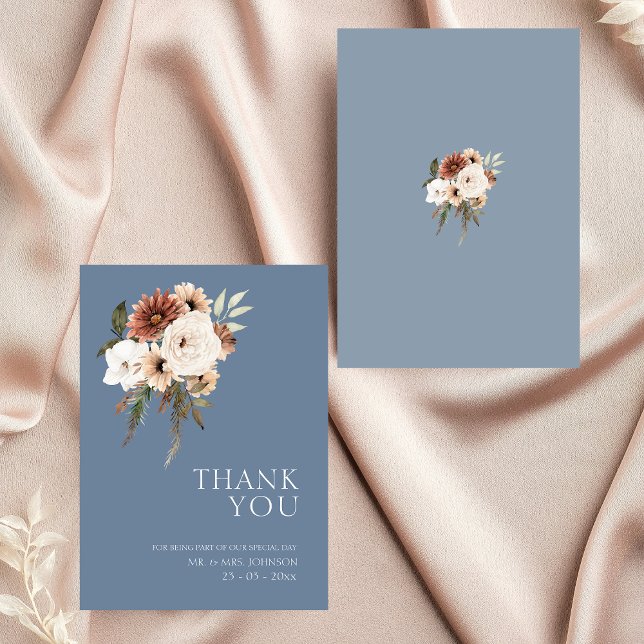 Rustic Dusty Blue Peach Blommigt Bröllop Tack Kort (Elegant Dusty Blue Peach Floral Wedding Thank You)