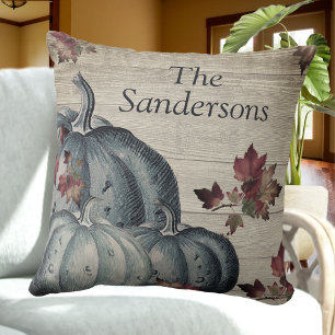 Rustic Dusty Blue Pumpkin Höst löv Wood Throw P Kudde