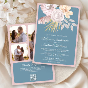 Rustic Dusty Blue Ro Rosa Blommigt QR-kod Bröllop Inbjudningar