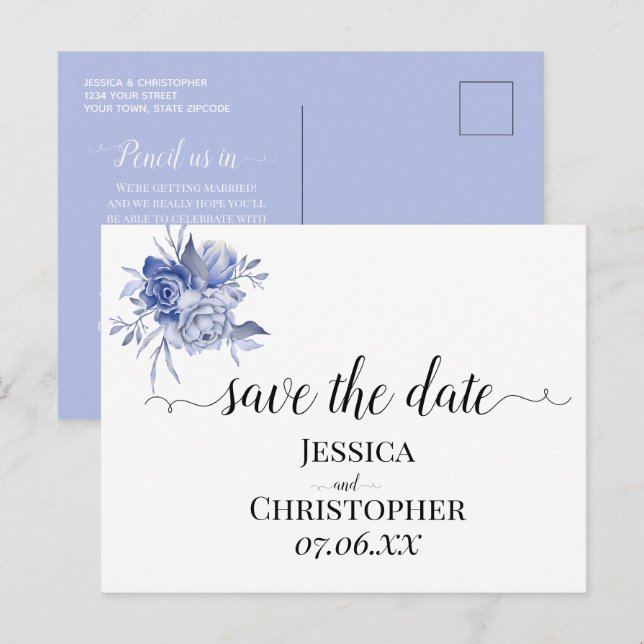 rustic dusty blue roses and other flowers meddelande vykort (Fram/baksida)