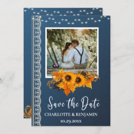 Rustic Dusty Blue Solros & Snöre Bröllop Spara Datumet