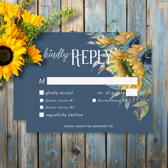 Rustic Dusty Blue Sunblommor Bröllop Middag OSA Kort (Rustic Dusty Blue Sunflowers Wedding Dinner RSVP Card)