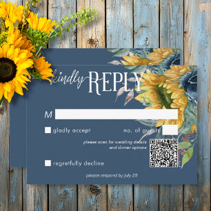 Rustic Dusty Blue Sunblommor Bröllop QR-kod OSA Kort