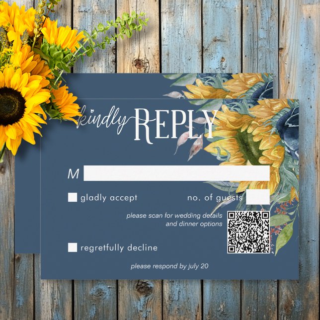 Rustic Dusty Blue Sunblommor Bröllop QR-kod OSA Kort (Rustic Dusty Blue Sunflowers Wedding QR Code RSVP Card)