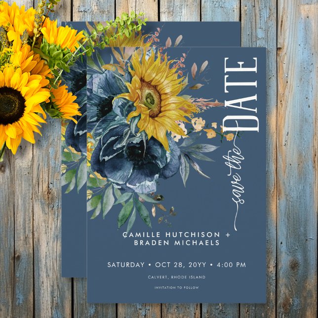 Rustic Dusty Blue Sunblommor Bröllop Spara Datumet (Rustic Dusty Blue Sunflowers Wedding Save The Date)